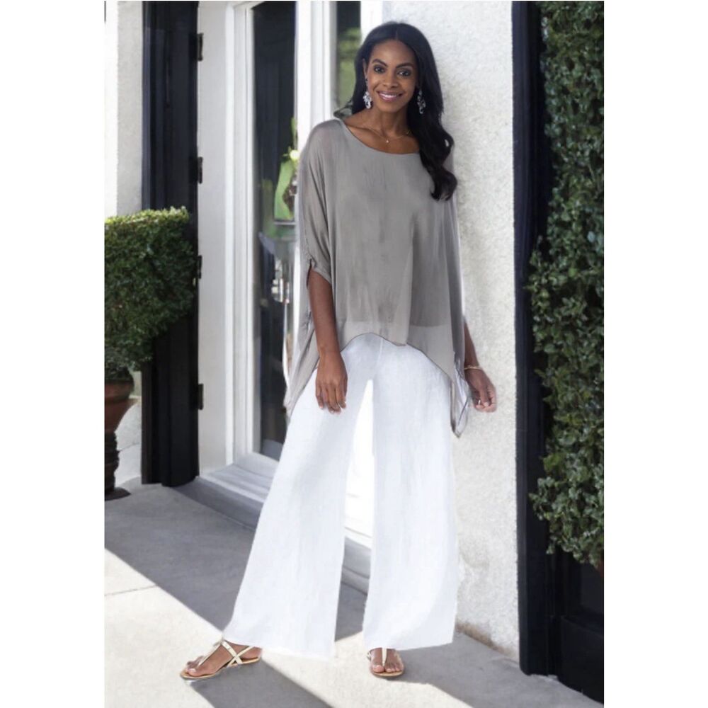 Cobblestone‎ Living Martina Silk Top Sheer Layer Taupe Elegant Asymmetrical OS